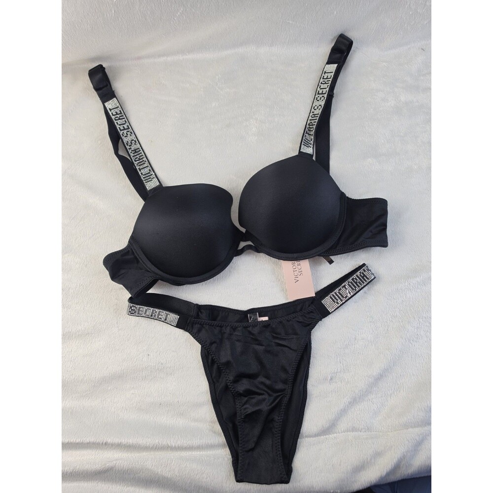 Victoria’s Secret Sexy  Shine Strap Push Up Bra Thong Set Smooth Black